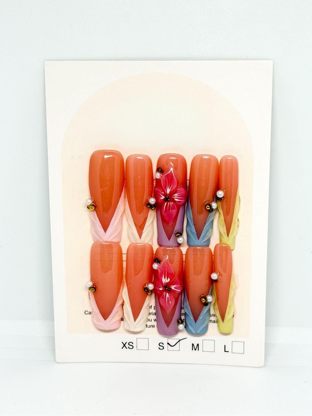 Coral Mixed-Accent Press-On Nail Set with Floral Detail